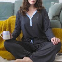 Grey V-Neck Pyjamas StephieAnn Embroidered