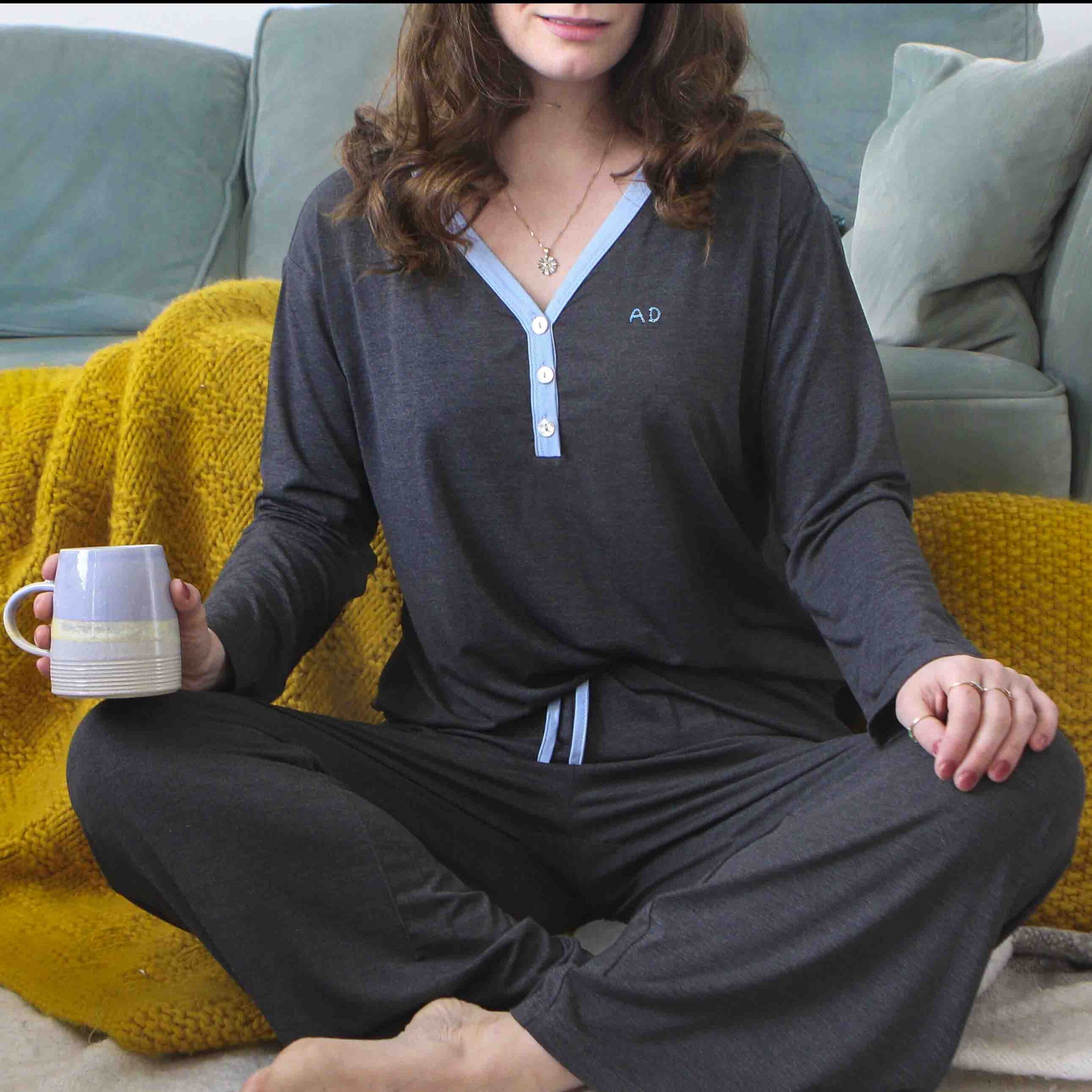 Grey V-Neck Pyjamas StephieAnn Embroidered