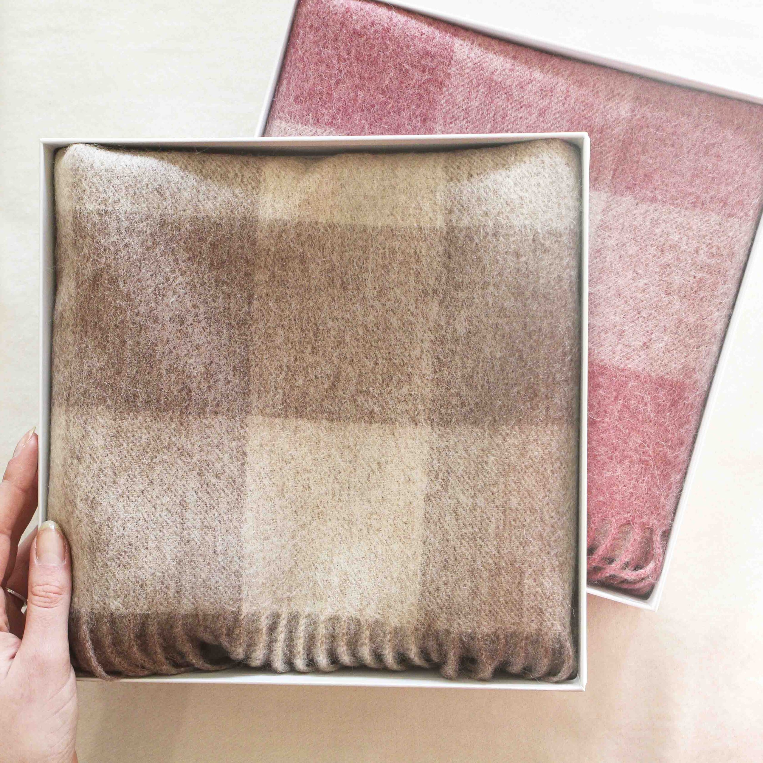 Beige Check long Wool Scarf