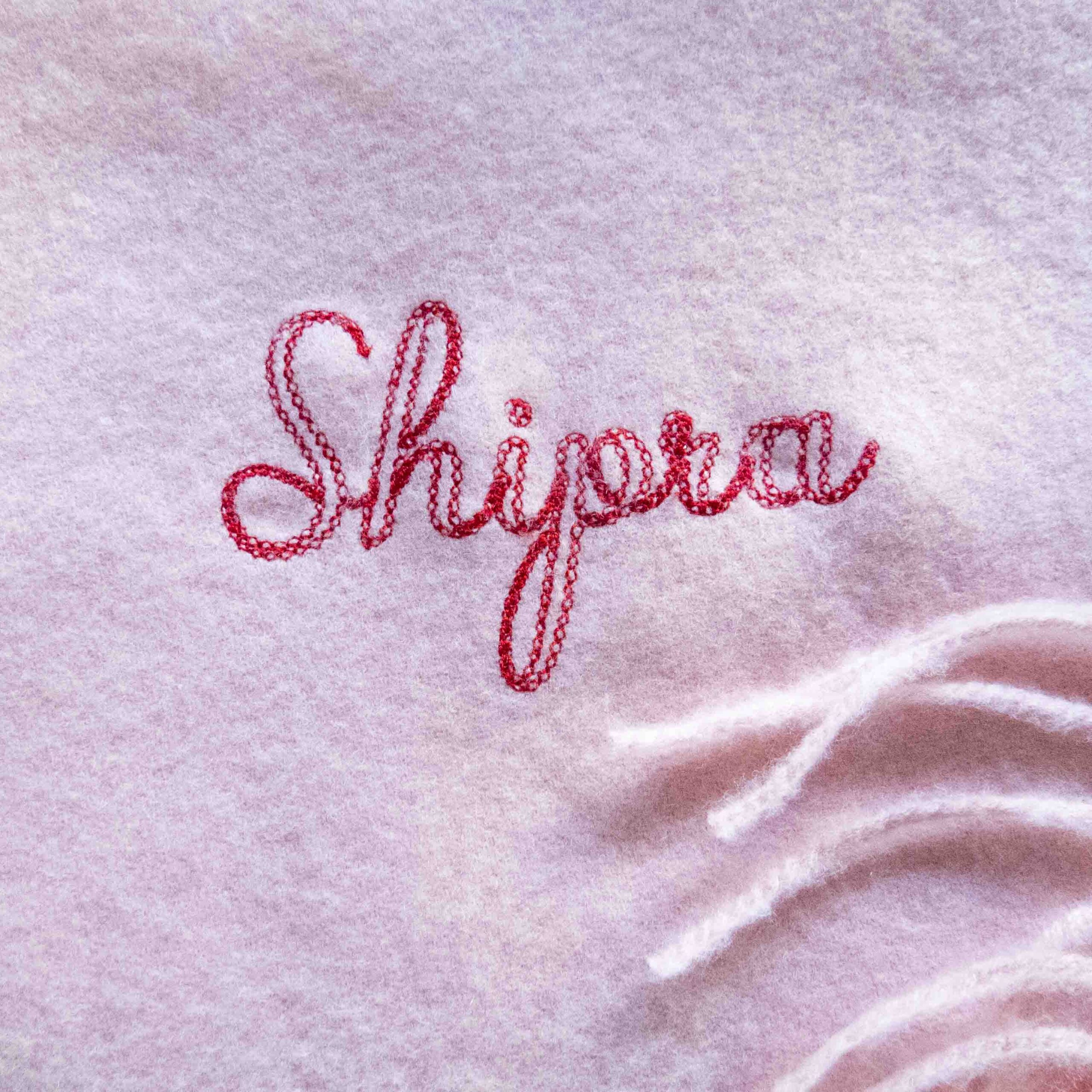 Pink scarf with chain stitch personalised name Pink scarf with chain stitch personalised name