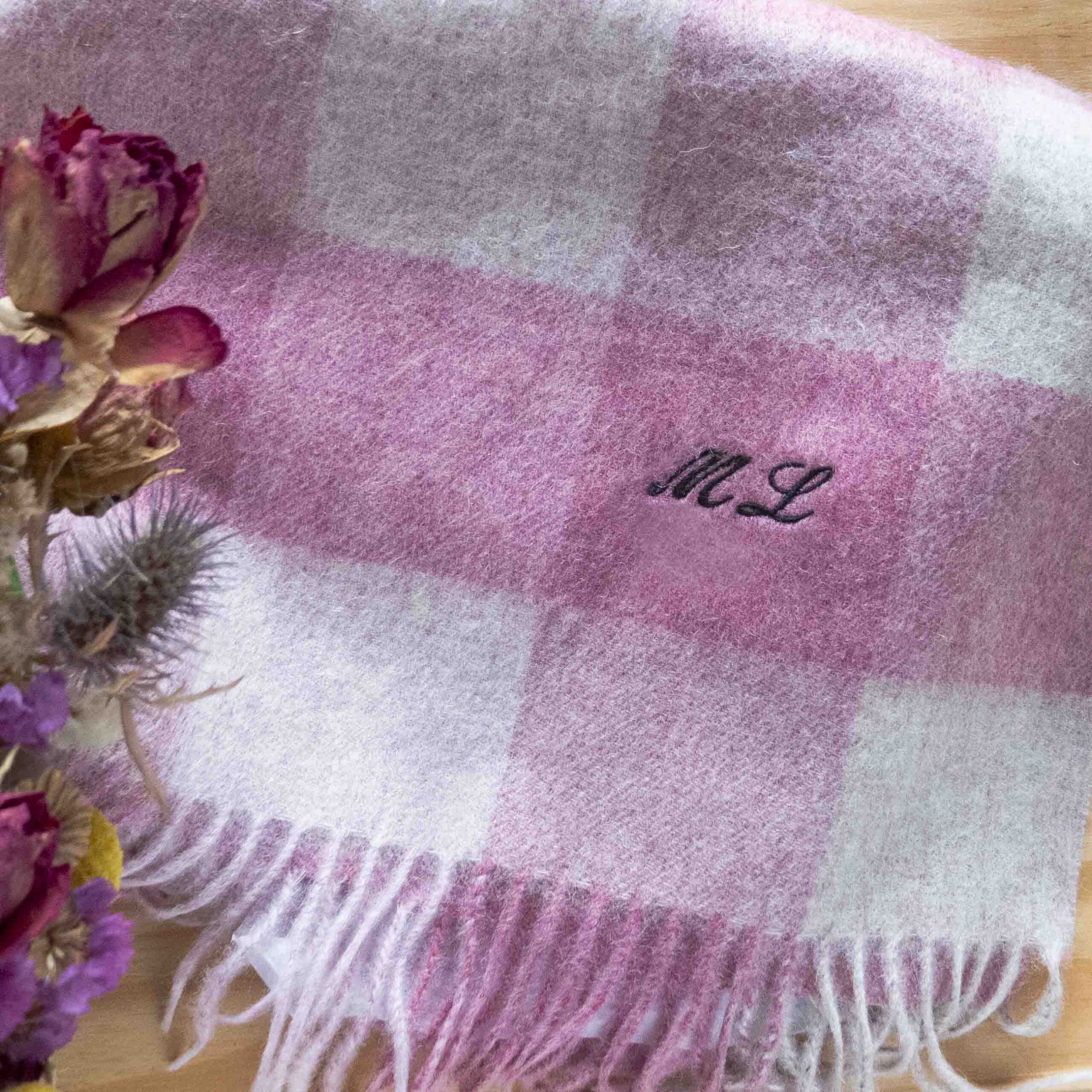 Pink wool check personalised scarf StephieAnn