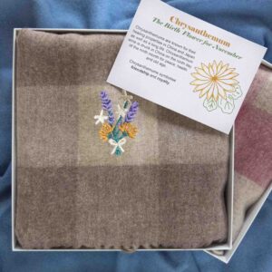Wool check scarf with birth flower embroidery StephieAnn